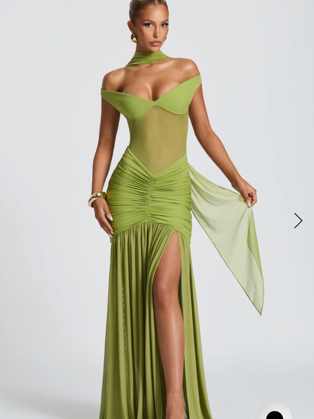 Off-Shoulder Olive Green Ruched Maxi Dress with High Slit - Picture 2 of 5